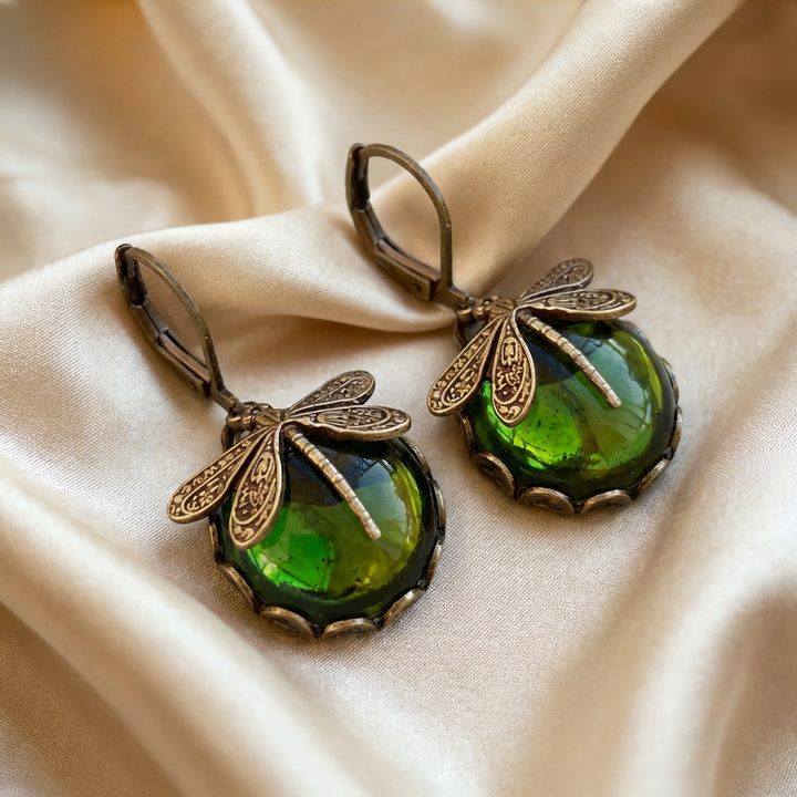 Spherical Dragonfly Earrings in Antique Gold