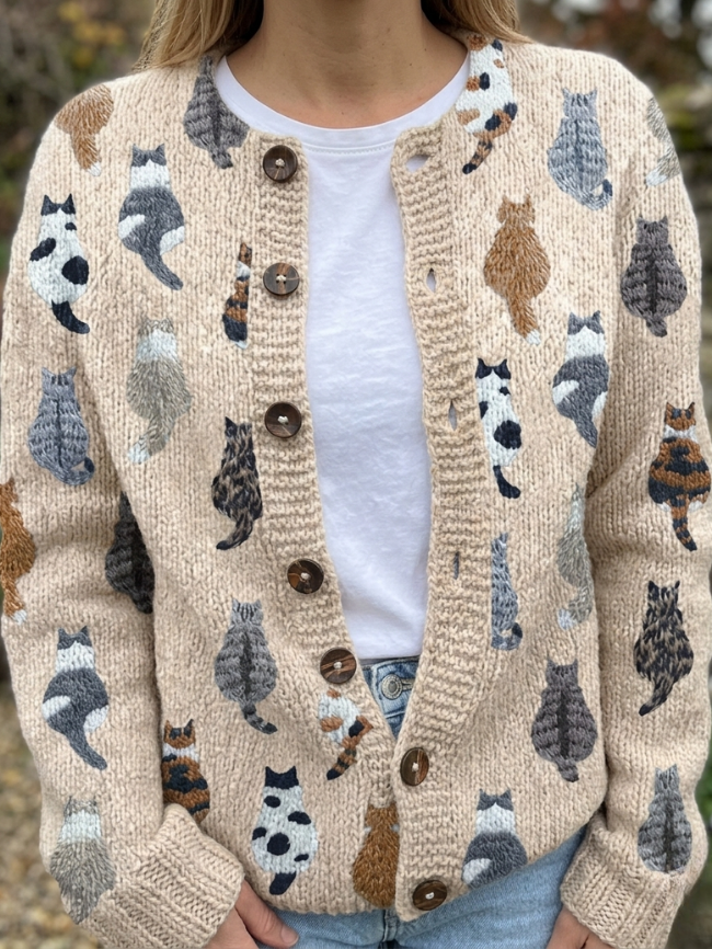 Cat Lover Cardigan – Cozy Knit Sweater with Adorable Cat Print